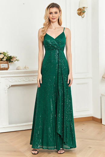 Sparkly Sequin Dark Green Spaghetti stropper Long Prom Dress