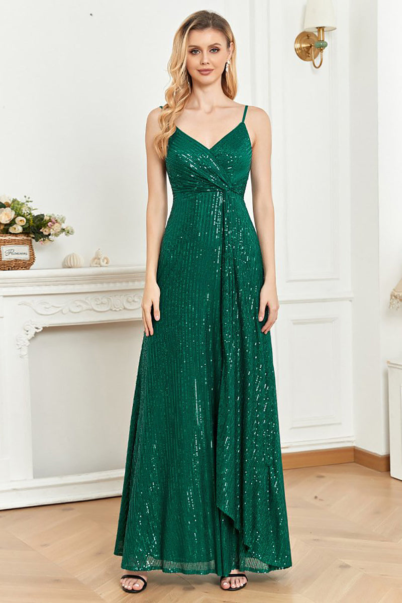 Load image into Gallery viewer, Sparkly Sequin Dark Green Spaghetti stropper Long Prom Dress