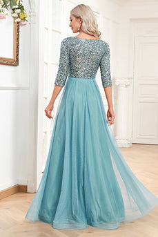 Blå Sparkly Sequin 3/4 ermer A Line Prom Dress