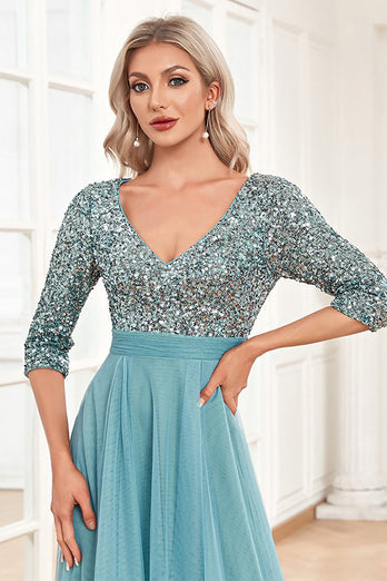 Blå Sparkly Sequin 3/4 ermer A Line Prom Dress