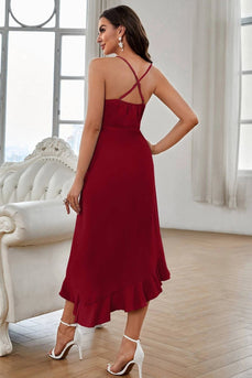 Mørk rød A-linje Chiffon V-hals Spaghetti Strap Party Dress