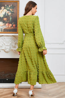 Grønn En linje lange ermer Casual kjole med belte