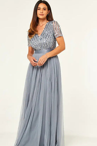 Sparkly V-Neck Grey formell kjole med korte ermer