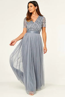 Sparkly V-Neck Grey formell kjole med korte ermer