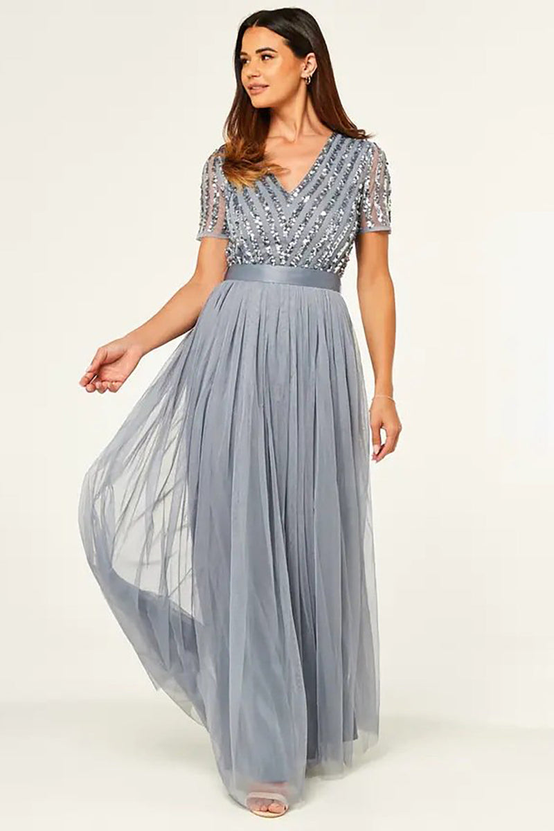 Load image into Gallery viewer, Sparkly V-Neck Grey formell kjole med korte ermer