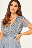 Sparkly V-Neck Grey formell kjole med korte ermer