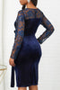 Load image into Gallery viewer, Navy Bodycon Lace Splicing Plus Size Velvet Work Dress med lange ermer