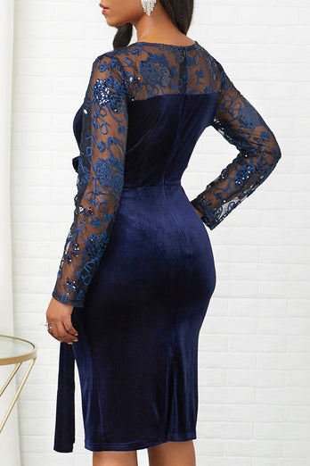 Navy Bodycon Lace Splicing Plus Size Velvet Work Dress med lange ermer