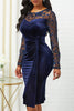 Load image into Gallery viewer, Navy Bodycon Lace Splicing Plus Size Velvet Work Dress med lange ermer