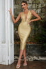 Load image into Gallery viewer, Golden Bodycon Deep V-hals ermeløs knelengde festkjole