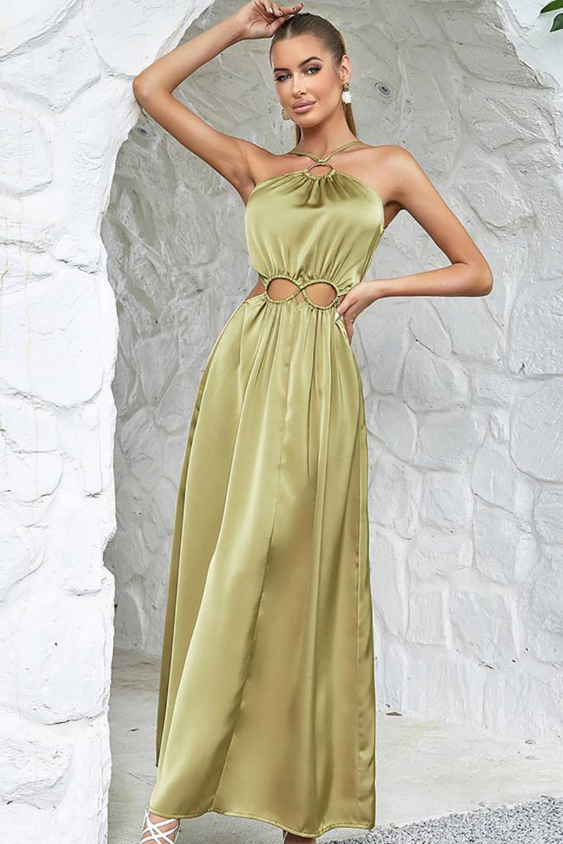 Load image into Gallery viewer, Green Halter Neck A-line Hollow-midje Long Party Dress