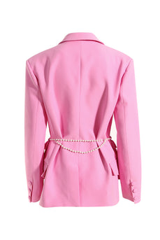 Pink Notched Lapel Women Party Blazer med perlebelte