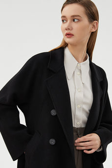 Black Slim Simple Long Woolen Coat med Double Breasted