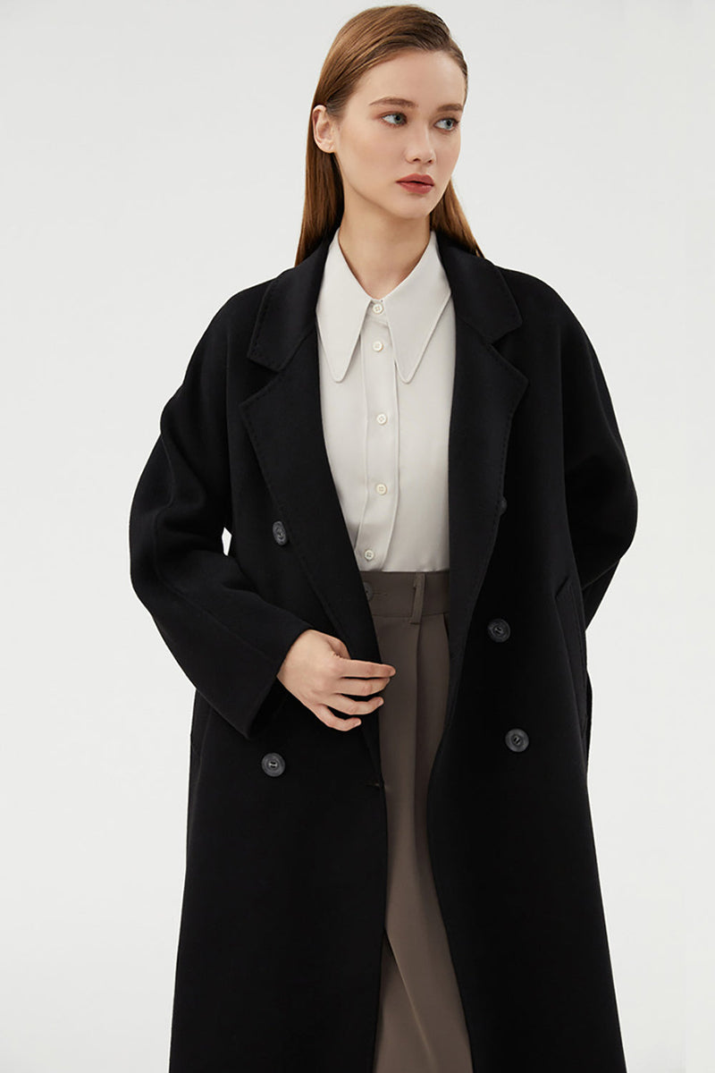 Load image into Gallery viewer, Black Slim Simple Long Woolen Coat med Double Breasted