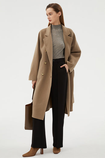 Black Slim Simple Long Woolen Coat med Double Breasted