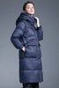 Load image into Gallery viewer, Marineblå lang vinterdunjakke med lommer