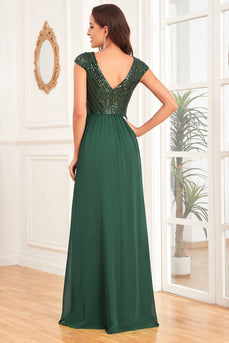 Mørkegrønn V-hals En linje formell kjole med paljetter