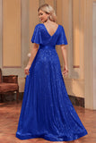 Royal Blue Sequins A-line formell kjole med V-hals