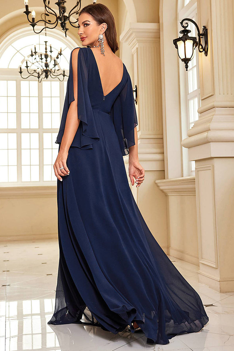 Load image into Gallery viewer, Navy Bat ermer Chiffon formell kjole med spalte