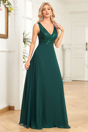 Mørkegrønn Chiffon formell kjole med paljetter