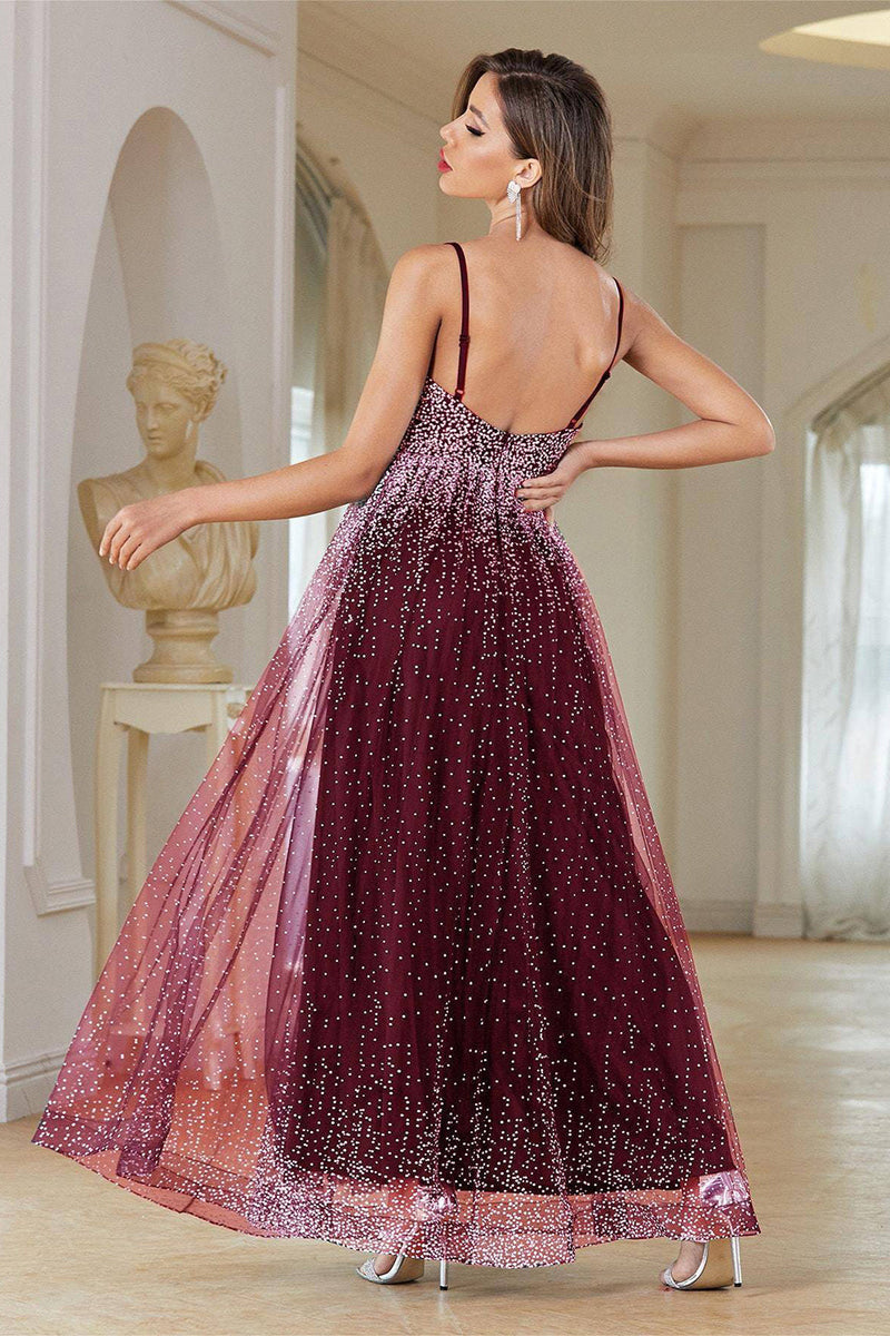 Load image into Gallery viewer, Burgunder A-Line Spaghetti stropper Beaded Prom Dress
