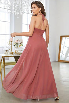 Coral A-Line Halter Prom kjole med ermeløs