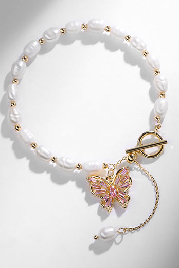 Elegant hvit perle og sommerfugl armbånd