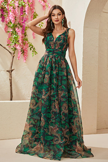 A-Line Green Trykt V-hals Long Prom Dress