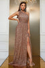 Load image into Gallery viewer, Champagne One Shoulder A Line Sequin Prom Dress med splitt