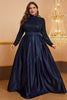 Load image into Gallery viewer, Navy A Line High Neck Long Sleeves Plus Size Prom Dress med paljetter