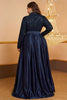Load image into Gallery viewer, Navy A Line High Neck Long Sleeves Plus Size Prom Dress med paljetter
