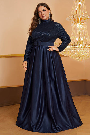 Navy A Line High Neck Long Sleeves Plus Size Prom Dress med paljetter