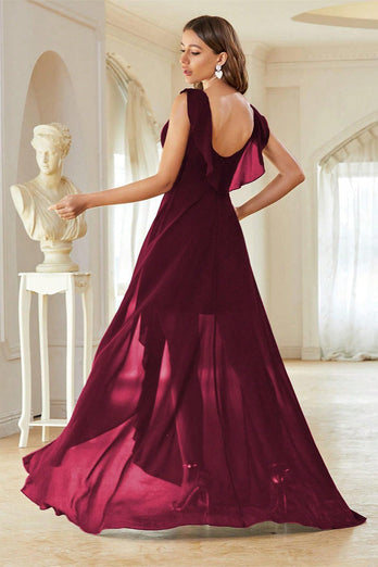 A-Line burgunder V-hals Chiffon High Low Prom kjole