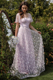 Lilac En linje Tylle Prom kjole med blomsterprint