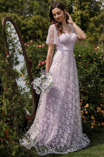 Lilac En linje Tylle Prom kjole med blomsterprint