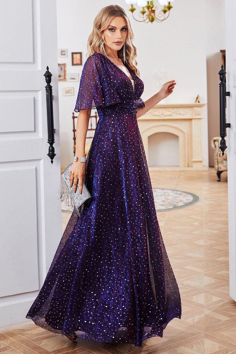 Load image into Gallery viewer, Glitrende lilla formell kjole med plissert