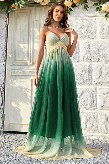 Grønn Gradient Spaghetti stropper A Line Prom Dress