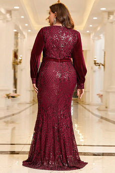 Sparkly Burgundy Plus Size formell kjole med lange ermer