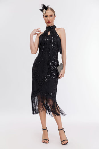 Glitter Halter Fringes Gatsby kjole med ermeløs