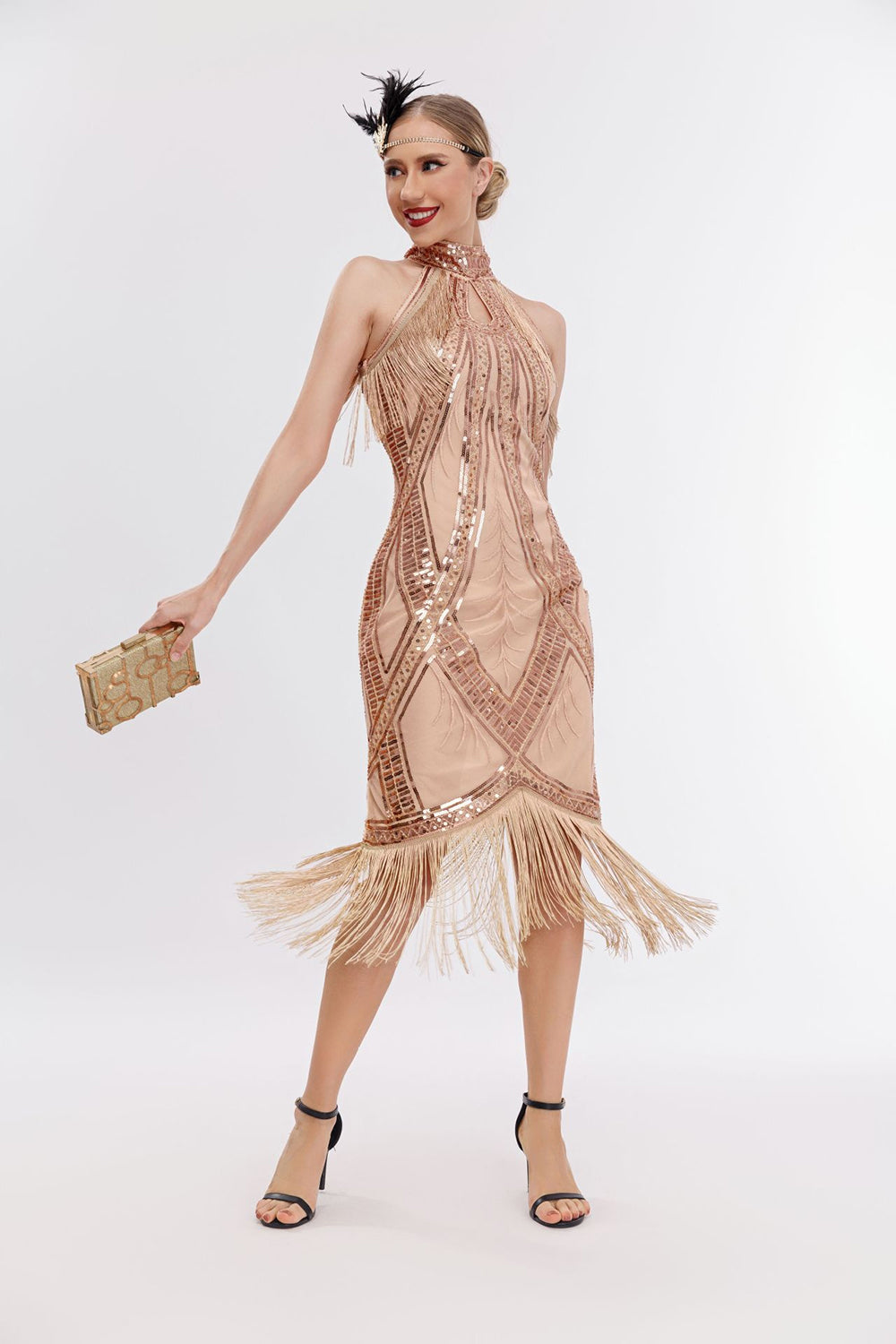 Glitter Halter Fringes Gatsby kjole med ermeløs