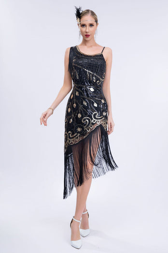 Asymmetrisk svart glitter 1920-talls kjole med frynser