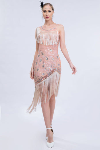 Sparkly Blush Asymmetrical Sequins Fringed 1920-tallet kjole med tilbehør sett