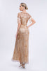 Load image into Gallery viewer, Champagne Sparkly Fringes Long 1920s kjole med korte ermer
