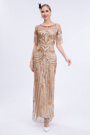 Champagne Sparkly Fringes Long 1920s kjole med korte ermer