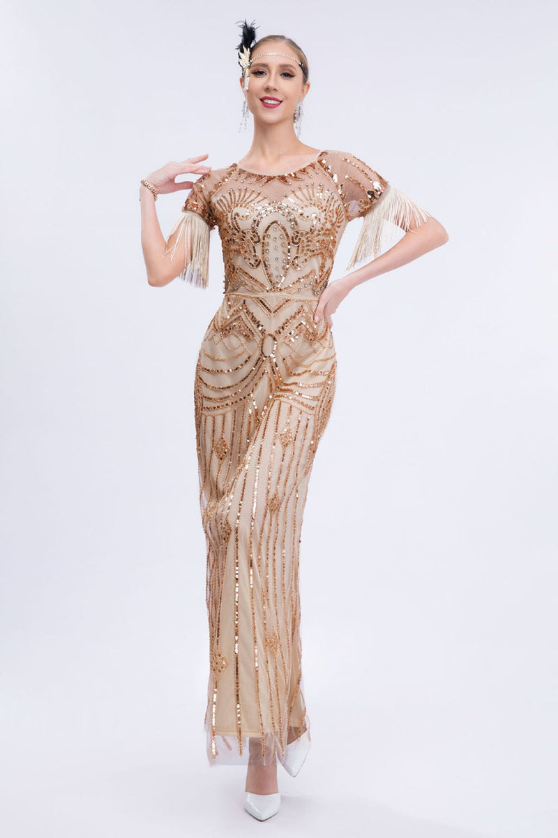 Load image into Gallery viewer, Champagne Sparkly Fringes Long 1920s kjole med korte ermer