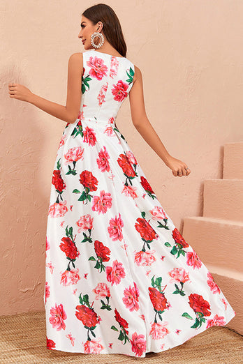 High-low White Floral Print Prom Dress med Ruffles