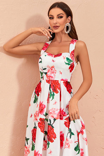 High-low White Floral Print Prom Dress med Ruffles