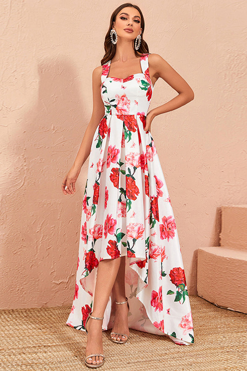 Load image into Gallery viewer, High-low White Floral Print Prom Dress med Ruffles
