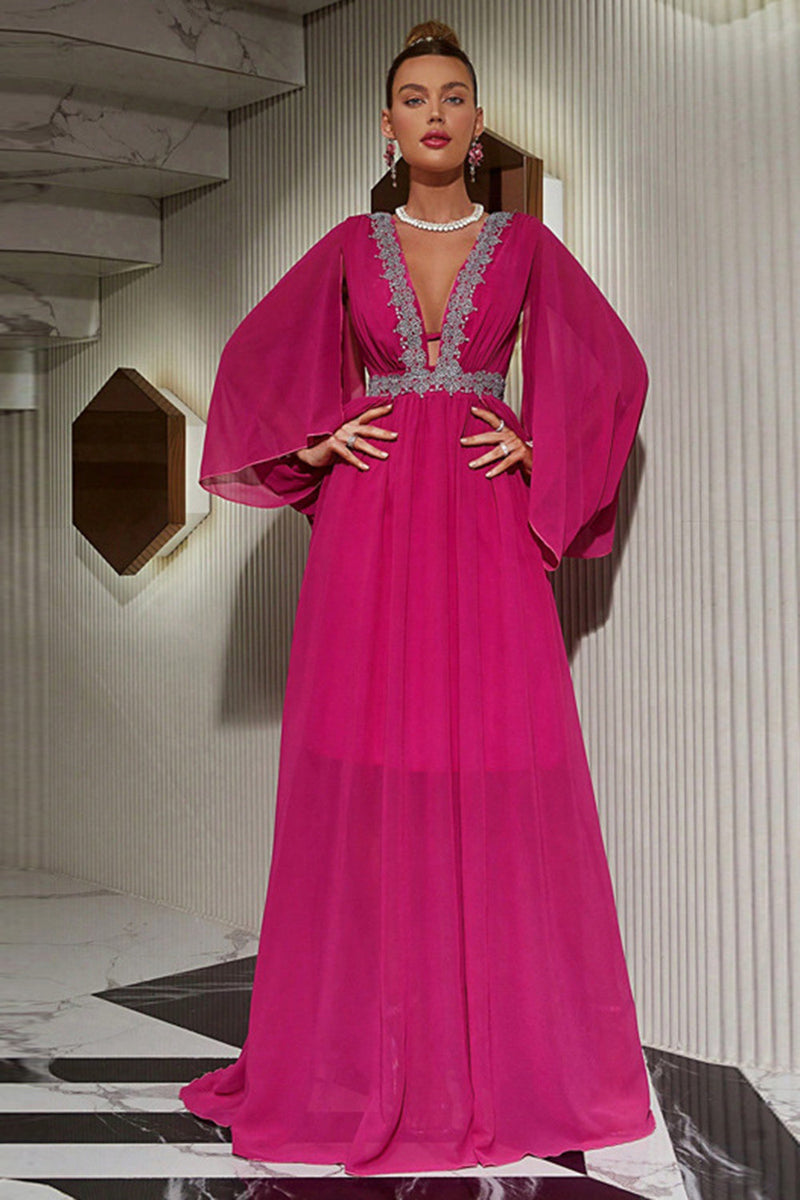 Load image into Gallery viewer, Varm rosa dyp V-hals formell kjole