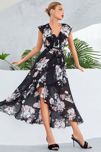 Svart A-Line V-hals Floral Print Chiffon Party Dress